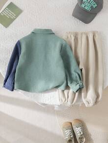 SHEIN 2pcs Baby Boy Corduroy Patchwork Jacket & Elastic Waist Pants Set, Autumn/Winter Fall - Multicolor - View 2