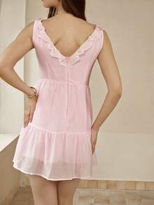 Cévolie 女式V领荷叶边下摆无袖优雅连衣裙 - 淺粉色 - 查看 2