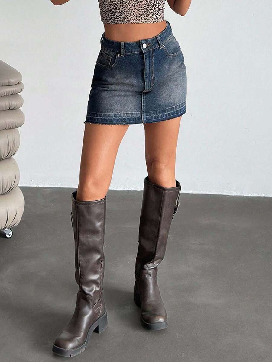SHEIN Tall TALL Low Waist Y2K Mini Denim Skirt For Women, Summer Denim Mini Skirt Dark Denim Skirt Jean Skirt Mini Skirt - Dark Wash - View 1