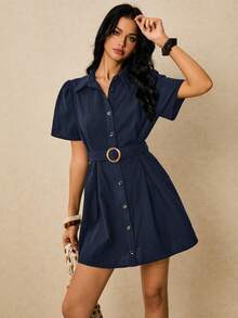 Poéselle Women's Minimalist Commuter Button-Up Belted Mini Shirt Dress - Navy Blue - View 6