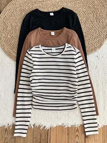 LMoss Kids 3pcs/Set Tween Girls' Solid Color Crew Neck Casual T-Shirts Long Sleeve Tops Fitted Tops Basic Tops Striped Long Sleeve Top Long Sleeve Shirts For Teen Girls Chic Outfits For Autumn/Winter,Suitable For Home, Can Be Worn Inside Or Outside,Winter Clothes, Fall - Multicolor - View 3