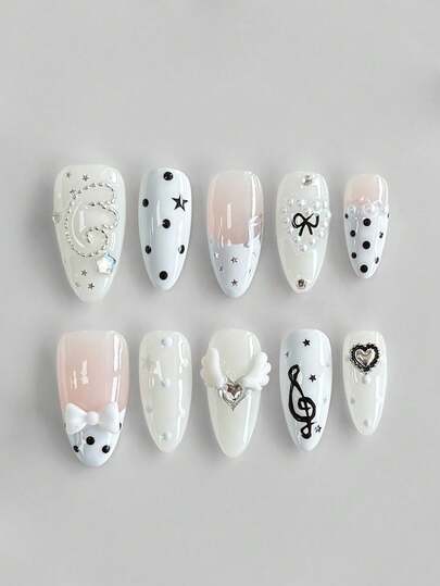Anime 10pcs Cute Bowknot Music Note Star Element High Quality Handmade False Nails + 3pcs Double-Sided Adhesive, Y2K French Style Rhinestone Chain Polka Dot Removable Nail Art Stickers, Suitable For Holidays, Parties, Dancing And Daily Wear