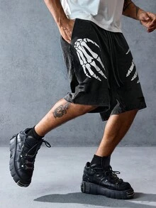 ROMWE MEN Anime Men's Dark Skull Hand Print Drawstring Waist Pocket Washed Shorts - Black - View 4