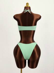 Swim Vcay Summer Beach Ring Linked Ruched Bust Halter Bikini Set - Green - View 2