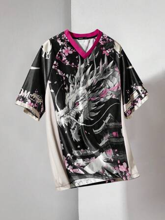 Anime Men's Blossom Sakura Dragon Print V-Neck Raglan Short Sleeve Casual Loose T-Shirt