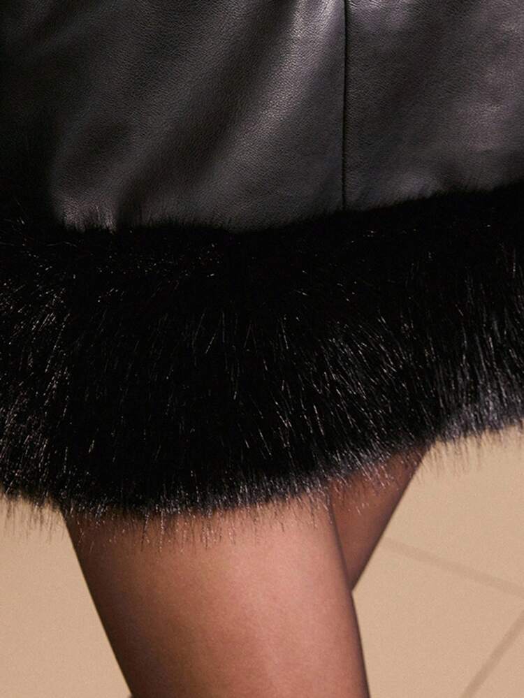 PU LEATHER CONTRAST FAUX FUR SKIRT