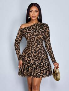 SOLERSUN 高端简约优雅性感通勤女士秋冬服装，派对/外出装，腰部聚拢豹纹针织网眼塑身露肩女式迷你连衣裙，返校季少女下摆俱乐部风格（随机花卉）秋季女装冬季女装返校节礼服感恩节女装返校服教师装万圣节节日气球裙，猎豹印花连衣裙 - 棕色 - 查看 7