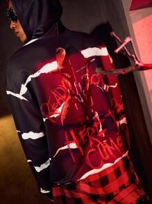 A Nightmare on Elm Street X SHEIN Áo hoodie dáng rộng thoải mái họa tiết kinh dị tối màu và chữ cái cho nam, mùa xuân/thu - màu đen - Xem 7