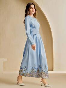 Anewsta Women's Elegant Round Neck Long Sleeve Printed Dress, Minimalist Design - Baby Blue - View 4