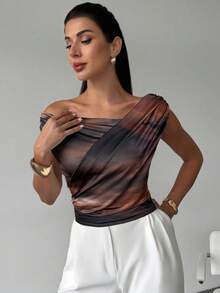 Firerie 女式优雅简约日常通勤时尚都市时尚平价褶皱图案印花修身上衣，秋季 - 彩色 - 查看 5