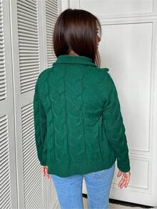 SHEIN LUNE Women's Solid Color Patchwork Front Zipper Long Sleeve Cable Knit Cardigan - Green - View 2