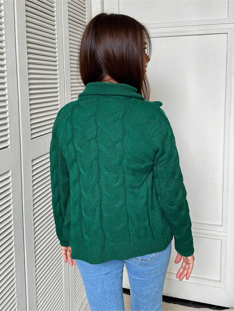 Women's Solid Color Patchwork Front Zipper Long Sleeve Cable Knit Cardigan