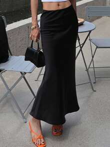 DAZY Y2k 女士缎面长款美人鱼裙 - 黑色 - 查看 5