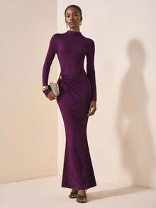 Zivah Vestido longo feminino plissado, elegante, casual, roxo, slim, manga comprida, com decoração de metal, para outono e inverno 2025, adequado para viagens, deslocamento diário, festa, férias, estilo tradicional, compras, banquete, elegante, festa, encontro, casual - Borgonha - Ver 5
