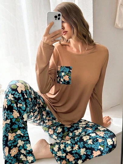 Women's Casual Contrast Color Floral Print Pocket Long Sleeve Pajama Set Women Floral Pajama Set Floral Pajama Pants Brown Pajama Top Women Lounge Set, Fall Clothes  Cozy And Elegant Details