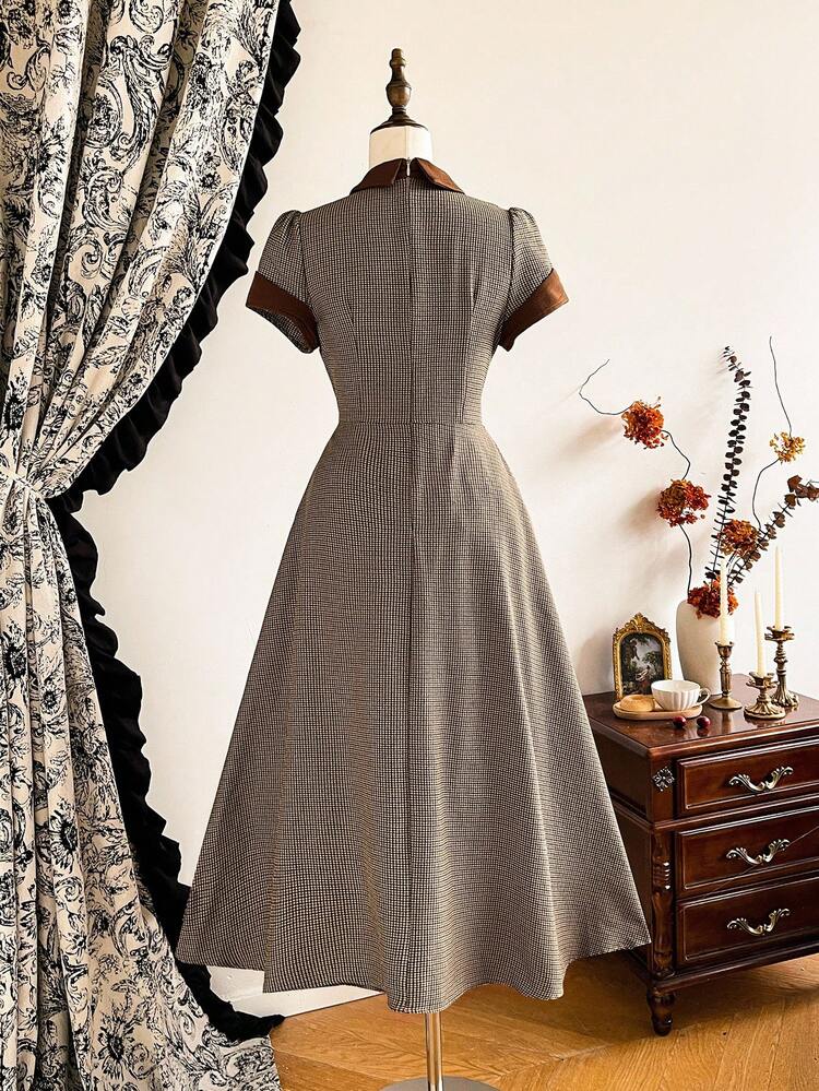 Vintamour Vestido retro clásico y elegante para mujer con bloques de color a cuadros, cuello, manga corta, silueta entallada y acampanada, apropiado para primavera/verano - Café - Añade 2