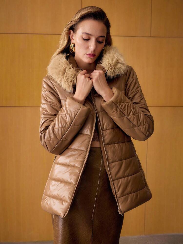 CONTRAST FAUX FUR HOODED WINTER COAT