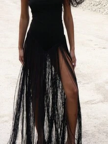 MUSERA Fringe Detail Strapless Bandage Bandeau Maxi Dress Night Out Occasion Elegant Fall Western Autumn Rapture - Black - View 6