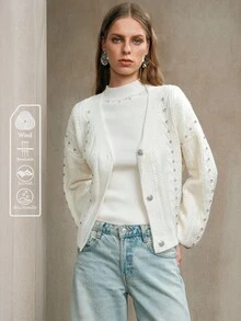 Revavyn Revavyn Damen Woll-Garn Stoff Cardigan mit Perlenverzierung, Drop-Shoulder, Langarm Kurz-Cardigan für tägliche Fahrten, Schule im Herbst, Ausgehen, Weiß - Aprikosenfarben - Übersicht 1