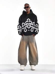 SUMWON 时尚哥特式十字印花套头连帽衫男女款冬季街头服饰厚重超大时尚宣言图案设计都市休闲 - 黑色 - 查看 2