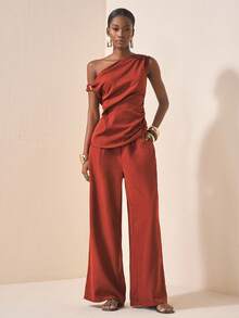 Zivah Rust Brown Summer Elegent Party Women's 2 Pieces Set,Asymmetric Shoulder Metallic Decor Pleated Top And Wide Leg Pants,Glossy Textured Fabric Outfit - Brown - View 3