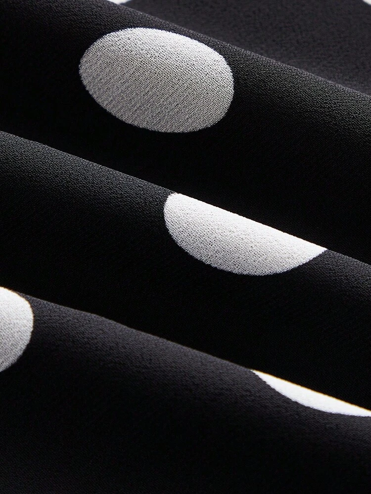 Robe longue en mousseline de soie à manches longues avec fente latérale à volants, robe à pois noirs pour femmes, robe à pois à manches longues, robe maxi à manches longues pour femmes en automne et hiver
