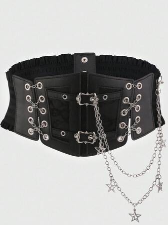 Goth 1 pieza Cinturón elástico de vestido con decoración de cadena de encaje negro, estrella de cinco puntas hueca, estilo gótico, accesorio de disfraz de Halloween, cinturón de cintura para mujer