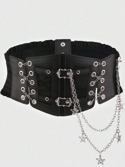 Goth 1pc Women's Black Lace Chain Hollow Five-Pointed Star Tie Decor Goth Style Elastic Waist Belt Dress Accessory, Halloween Costume Accessory, Waist Cincher