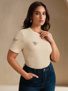 Anewsta Camiseta de manga corta ajustada con aplicaciones de strass elegantes y lavadas para mujer de talla grande - Albaricoque - Ver 7