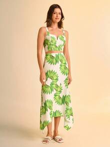 CAJUNI 女式度假白色底绿色香蕉印花 V 形开叉不对称下摆飘逸透明印花中长裙，夏季 - 彩色 - 查看 7