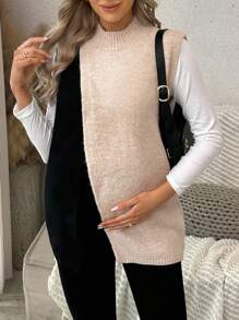 SHEIN Maternity Contrast Color Stand Collar Loose Casual Versatile Knitted Vest - Khaki - View 3