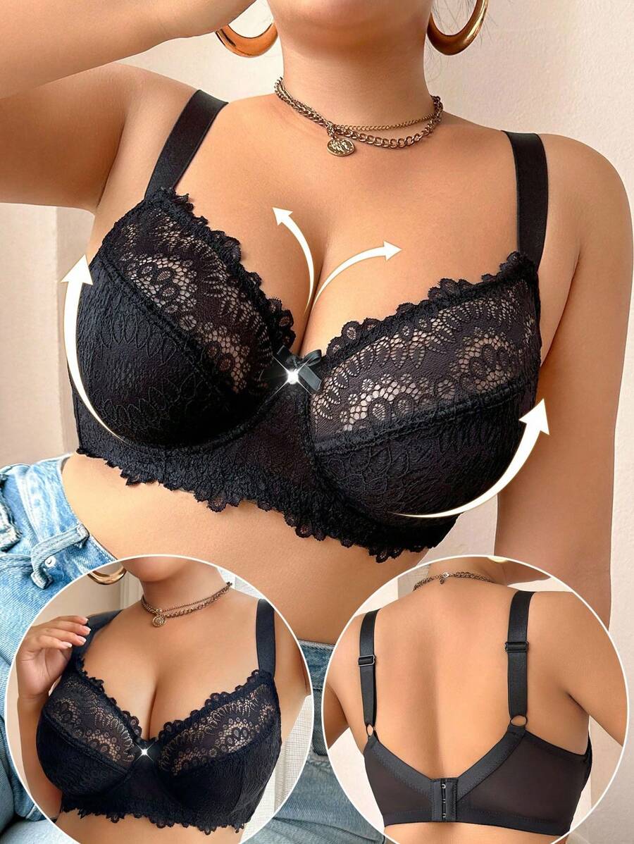 SHEIN 1pc Plus Size Lace Patchwork Underwire Lingerie Bra, Lift - Black - View 1