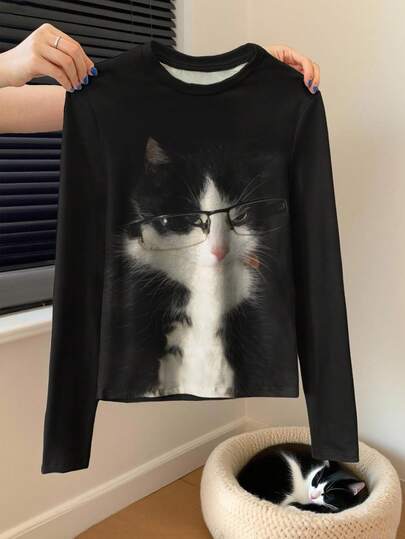 SHEIN Söt katt digitaltryckt långärmad t-shirt med rund hals, present till vänner