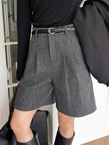 Livesso 女士纯色直筒宽松羊毛混纺百慕大短裤，带口袋，适合秋冬季休闲穿着 - 灰色 - 查看 3