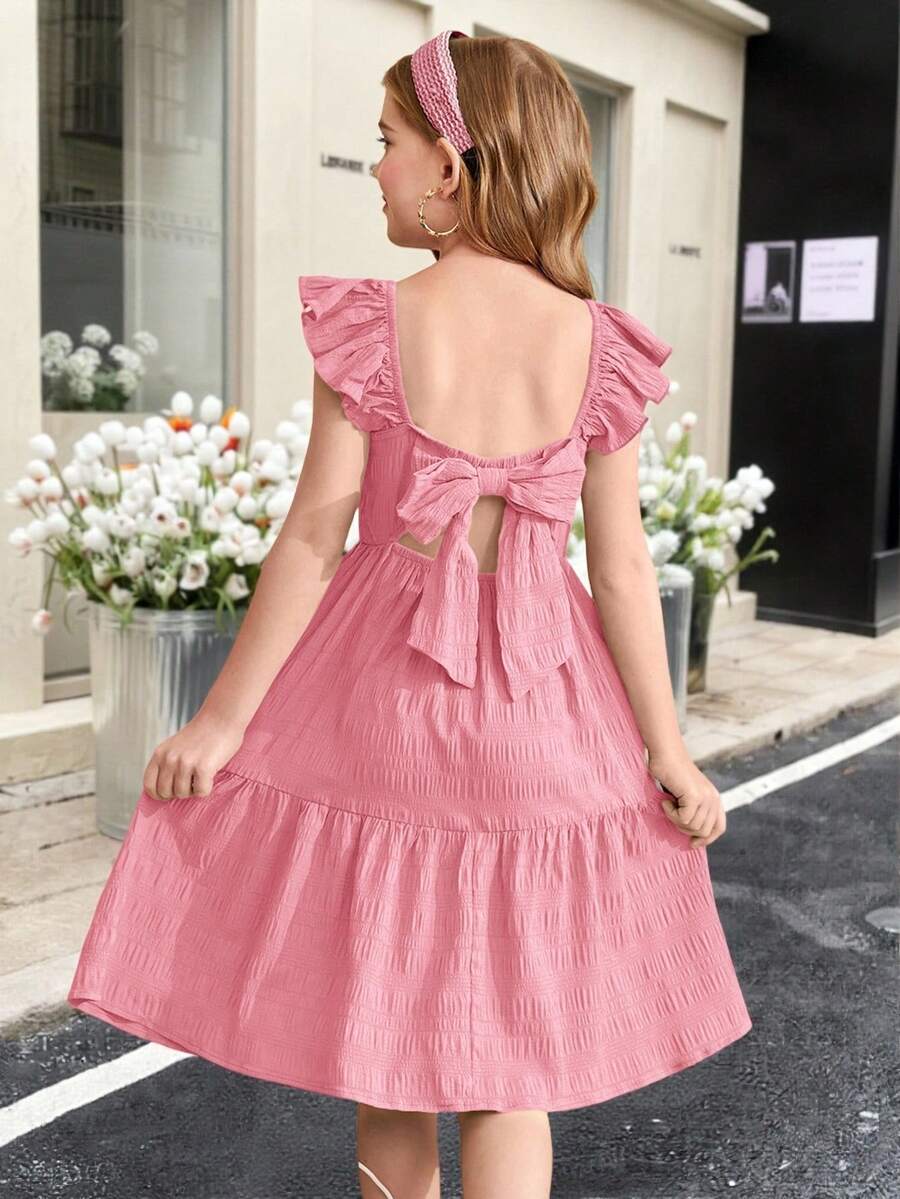 SHEIN Tween Girls' Ruffle Sleeve Bow Back Square Neck Textured Midi Dress - Baby Pink - View 1