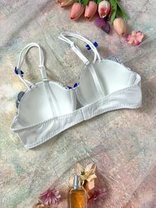 浪漫、清新、温柔、甜美刺绣花卉半罩杯钢圈文胸，可调节肩带，蝴蝶结装饰，海军蓝 - 藏蓝色 - 查看 2