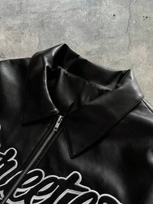 AXEPEAK Plus Size Men's Long Sleeve Casual Fashion Street Hooded PU Leather Jacket With Letter & Star Embroidery, Loose Fit Zip-Up, Autumn, For Fall Winter