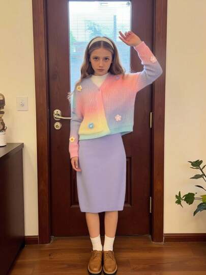 SHEIN 青少年女孩手工钩针花卉渐变开衫，甜美，适合返校、派对、万圣节