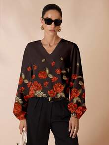 Glamance Whitebread Camisa de mujer de manga larga con estampado de flores elegante y casual, adecuada para el otoño, blusa de manga farol negra con estampado floral - Multicolor - Ver 3