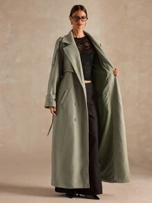 SHEIN BAE 女士简约缺口领长款宽松束带羊毛大衣，适合冬季 - 薄荷綠 - 查看 8