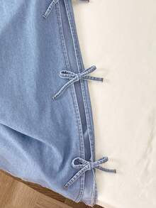 Comfortcana Casual Washed Bowknot Decor Side Slit Jeans Y2k - Light Wash - View 5
