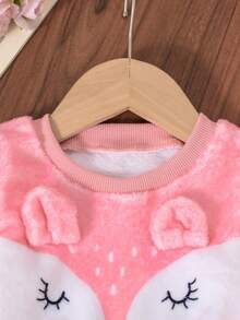 SHEIN 2 件女婴秋冬羊毛狐狸印花圆领运动衫和波尔卡圆点修身裤套装，适合幼儿的可爱休闲保暖服装 - 粉色 - 查看 5