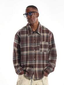 SUMWON Long Sleeve Button Down Plaid Flannel Regular Fit Casual Shirt Winter Fall Classic Collared - Brown - View 3