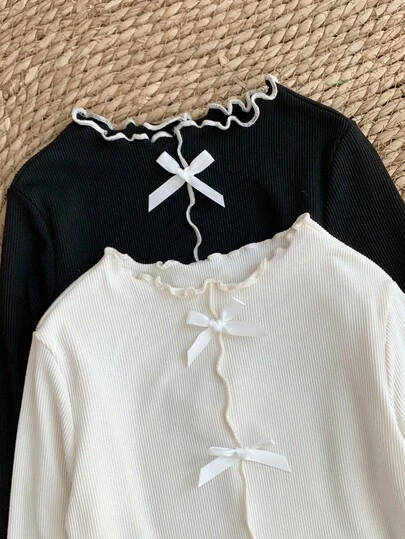  LMoss Kids 2pcs Young Girl Solid Color Wavy Collar Casual T-Shirt Set Girls Ribbed Long Sleeve Shirt Girls Bow Sweater Girls White Long Sleeve Shirt Girls Black Long Sleeve Shirt Teen Girls Long Sleeve Shirt With Bows,Suitable For Home, Can Be Worn Inside Or Outside,Winter Clothes,White Top,Herbst,Long Sleeve Tops,Fall Tops,Fall Clothes For Kids