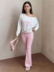Bộ 2 áo nỉ cho bé gái tuổi teen, thiết kế mới - Áo nỉ chui đầu hở vai màu trắng thêu nơ màu hồng, quần ống loe màu hồng, ôm sát & thường ngày, nơ thêu, quần áo trở lại trường - Nhiều màu - Xem 3