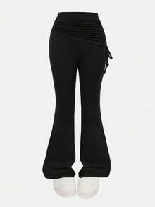 Girlism Teen Girls' Solid Color Side Drawstring Flare Casual Pants, Minimalist Loose Trousers Fall Winter