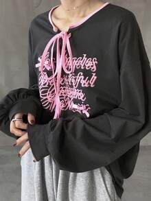 FRIFUL 女士圆领蝴蝶结撞色宽松前印花休闲长袖T恤，秋季/春季 - 黑色 - 查看 2