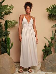 Travachic 女式纯色编织V领细肩带露背连衣裙 - 杏色 - 查看 6