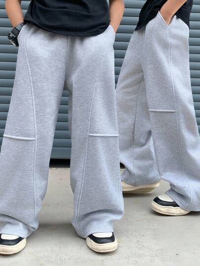 SHEIN 青少年男孩宽松混纺灰色运动裤，休闲、舒适、百搭，适合日常穿着、上学、户外活动、运动