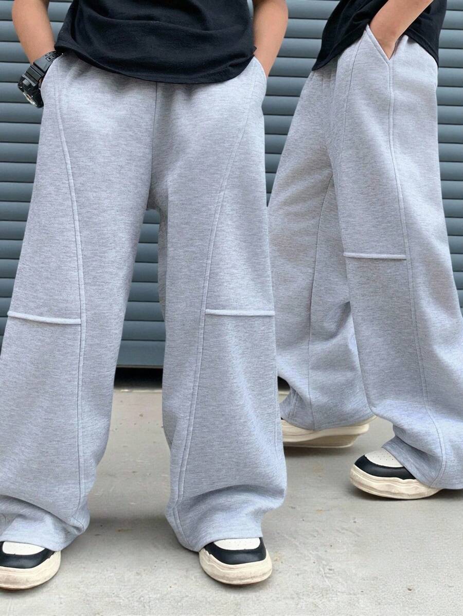 SHEIN 青少年男孩宽松混纺灰色运动裤，休闲、舒适、百搭，适合日常穿着、上学、户外活动、运动